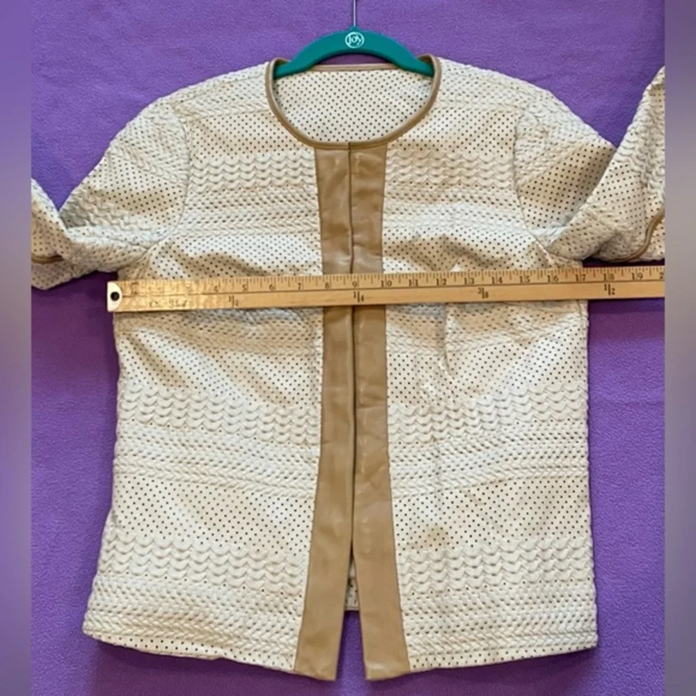 Tory‎ Burch Leather Jacket Woven Lasercut details Cream Tan trim Women’s 6